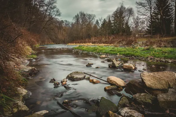 Önünde kayalar ve çimenler olan bir nehir.