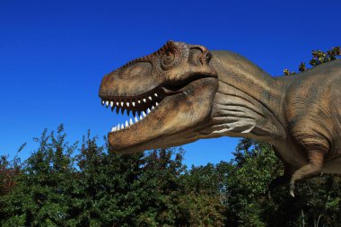 Dinozor heykelleri olan bir orman parkı manzarası