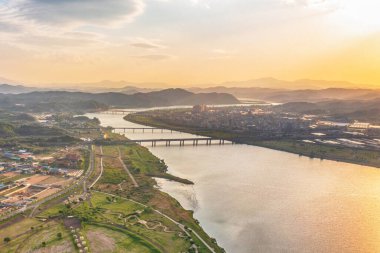 Hava aracı görüntüsü. Kore 'deki Nakdonggang Nehri Yeşil Arpa Tarlası Sahnesi.