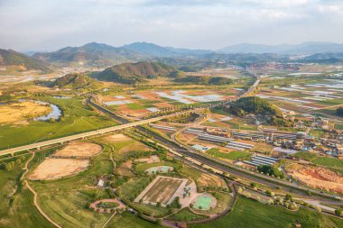 Hava aracı görüntüsü. Kore 'deki Nakdonggang Nehri Yeşil Arpa Tarlası Sahnesi.