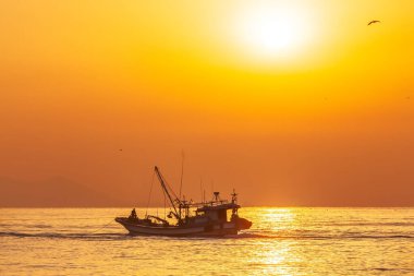 Tongyeong, Gyeongsangnam-do, Kore 'deki Dal Limanı deniz batımı manzarası
