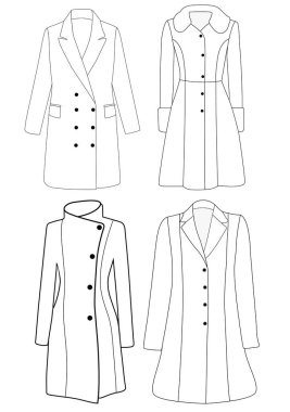 Kadın çift göğüslü trençkot vektör tasarımı, kadın uzun palto, vektör illüstrasyonu, düz teknik çizim.