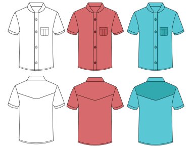 Kısa kollu erkekler gömlekleri düz teknik çizim çizim çizimi modelleme şablonu tasarımına başvururlar