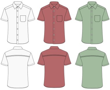 Kısa kollu erkekler gömlekleri düz teknik çizim çizim çizimi modelleme şablonu tasarımına başvururlar