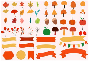 Sonbahar elementleri dekorasyon, ikon, dekorasyon çerçevesi illüstrasyon vektör simgesi basit sonbahar yapraklı akçaağaç yaprağı ginkgo yaprağı konuşma balonu meyveleri, yapraklar, ağaçlar ve mantar illüstrasyonları dizayn eder