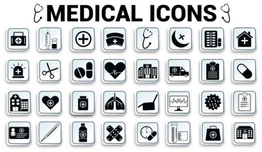Tıbbi simge Resim vektör tasarımını ayarladı. Katı vektör simgeleri koleksiyonu.