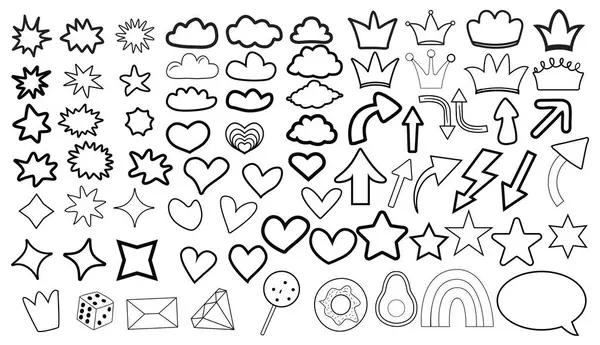 Set Collection Colorful Doodles Bright Stickers Vector Fruits Food Stars — Stock Vector