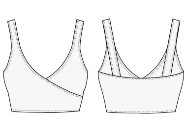 Kadınların Spor Paketi Sütyen Düz Çizim Şablonu. Spor, moda tasarımı seti çizimi giyer. Ön ve arka görüntüler