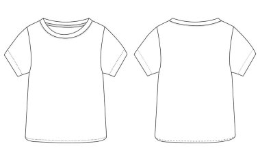 Çocuklar için kısa kollu bebek tişörtü Tops Teknik taslak ön ve arka plan taslak Vektör tasviri