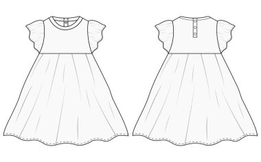  Bebek Kızlar kanat kolları elbise moda teknik çizim vektör illüstrasyon şablon tasarımı