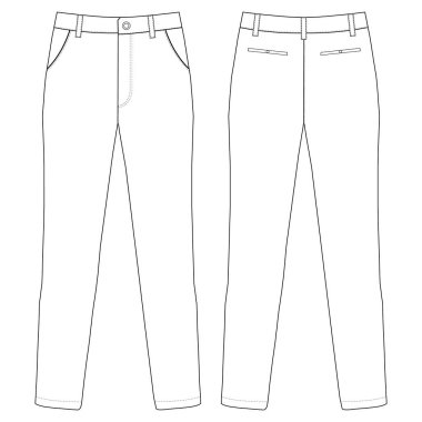 Chino pantolonu. Erkeklerin resmi pantolon önü ve arkası düz çizim moda illüstrasyonu, vektör teknik çizimi. Model şablonu.