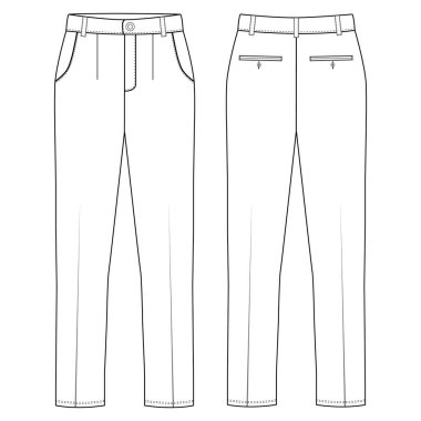 Chino pantolonu. Erkeklerin resmi pantolon önü ve arkası düz çizim moda illüstrasyonu, vektör teknik çizimi. Model şablonu.