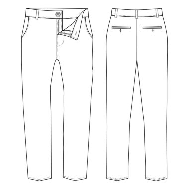 Chino pantolonu. Erkeklerin resmi pantolon önü ve arkası düz çizim moda illüstrasyonu, vektör teknik çizimi. Model şablonu.