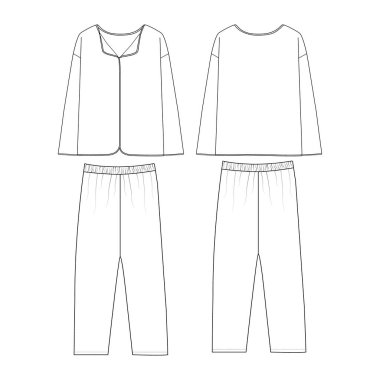 Uyku giysisi tasarım şablonu. Pijama ceketi ve pantolon giyim tasarımının vektör çizimi. Önde ve arkada. CAD erkek modeli. Moda teknik çizim şablonu. Vektör illüstrasyonu.