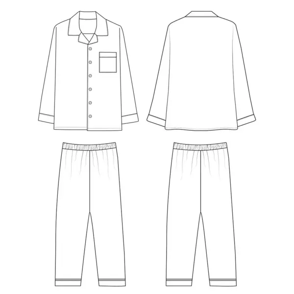 Uyku giysisi tasarım şablonu. Pijama ceketi ve pantolon giyim tasarımının vektör çizimi. Önde ve arkada. CAD erkek modeli. Moda teknik çizim şablonu. Vektör illüstrasyonu.