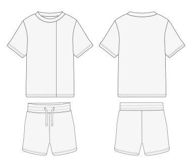 Çocuk tişörtünün kısa kollu bebek taslağı Şort Tops Teknik model düz çizim Önde ve arkada çocuklar için Vektör illüstrasyon tasviri