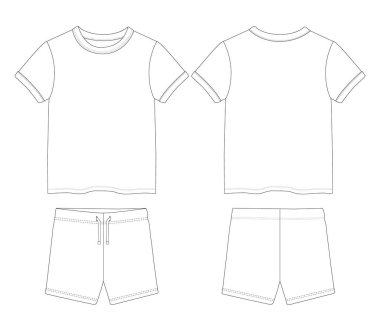 Çocuk tişörtünün kısa kollu bebek taslağı Şort Tops Teknik model düz çizim Önde ve arkada çocuklar için Vektör illüstrasyon tasviri