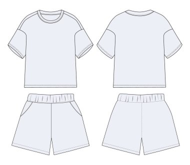 Çocuk tişörtünün kısa kollu bebek taslağı Şort Tops Teknik model düz çizim Önde ve arkada çocuklar için Vektör illüstrasyon tasviri