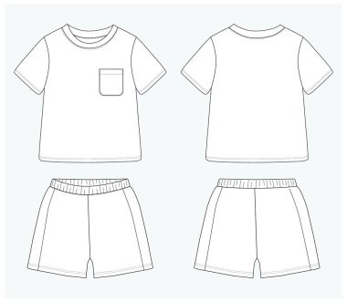 Çocuk tişörtünün kısa kollu bebek taslağı Şort Tops Teknik model düz çizim Önde ve arkada çocuklar için Vektör illüstrasyon tasviri