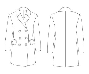 Klasik palto, teknik tasviri diz boyu, uzun kollu, büyük göğüslü Midi Coat.
