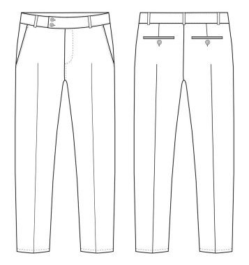  Erkeklerin resmi pantolonlarının önü ve arkası vektör pantolonlu düz çizim moda illüstrasyonu, vektör teknik çizimi. Model şablonu.