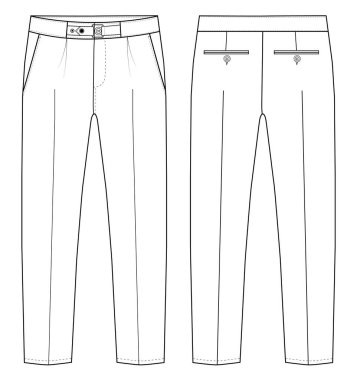  Erkeklerin resmi pantolonlarının önü ve arkası vektör pantolonlu düz çizim moda illüstrasyonu, vektör teknik çizimi. Model şablonu.