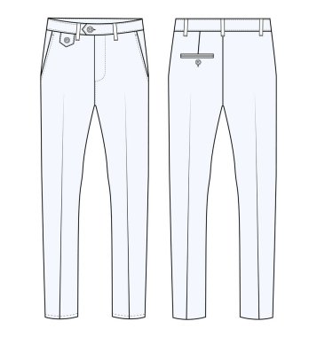  Erkeklerin resmi pantolonlarının önü ve arkası vektör pantolonlu düz çizim moda illüstrasyonu, vektör teknik çizimi. Model şablonu.