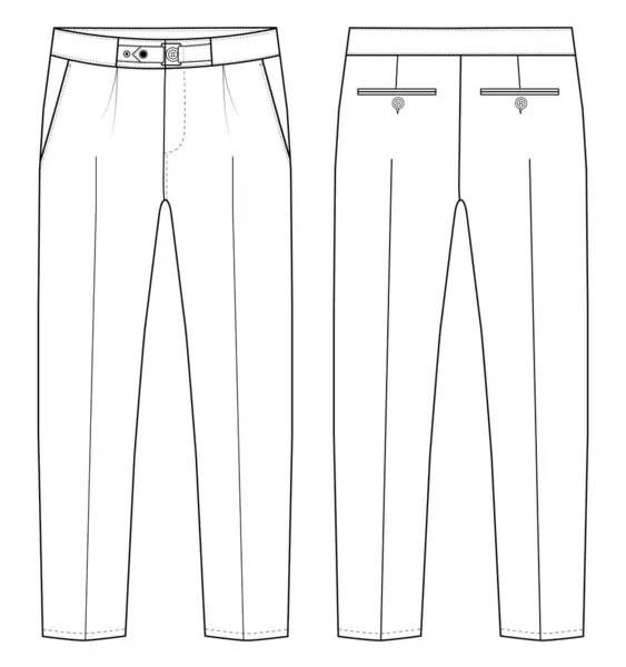 Erkeklerin resmi pantolonlarının önü ve arkası vektör pantolonlu düz çizim moda illüstrasyonu, vektör teknik çizimi. Model şablonu.