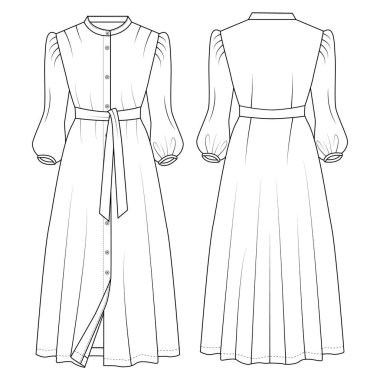 Kadınlar uzun kollu maksimum şair kollu elbise tasarımı vektör düz tasarım çizim şablonu