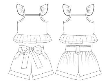 Bebek Kız Bluzu ve kısa 2PCS Kıyafetleri Kolsuz Pantolon Moda Tasarım Şablonu
