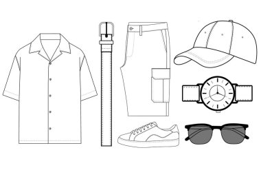 Erkekler Yaz Stili Koleksiyonu Sıradan Giysi & Aksesuarları Çizimi Düz Çizim Vektörü