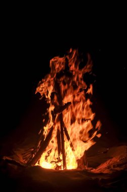 Açık deniz şenlik ateşi neşeyle çatırdıyor, kumlu sahile sıcak bir parıltı saçıyor. Alevler okyanus esintisinde dans ederken dalgalar arka planda hafifçe çarpar. Yanan odunların kokusu tuzlu deniz havasıyla karışır ve sarhoş edici bir aro yaratır.