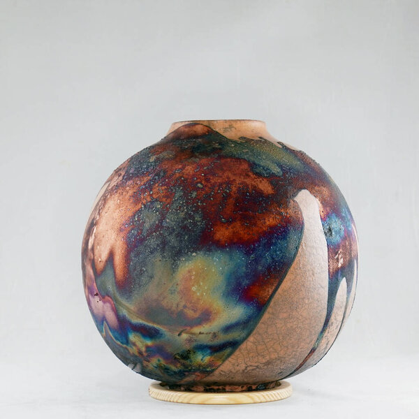 RAAQUU Raku ceramic pottery Vase rainbow aurora textured pattern home dcor piece by Adil Ghani from Malaysia