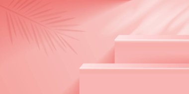 Podyumlu üç boyutlu bir arkaplan. Yaprak gölgeli daire sahnesi. Sahne ürünleri. Vektör geometrik biçimler.