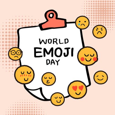 Bir dizi Duygu Simgesi. Dünya emoji günü tebrik kartı tasarımı şablonu farklı duygularla