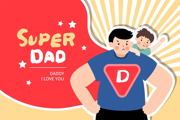 Mutlu Babalar Günü kutlamalarının temsilci illüstrasyonları. Süper baba ve çocuk birlikte mutlular..