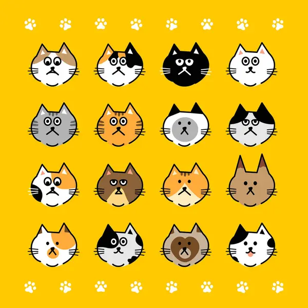 Vettore Emoji Testa Gatto Illustrazione Vettoriale Vari Gatti Sfondo Giallo — Vettoriale Stock