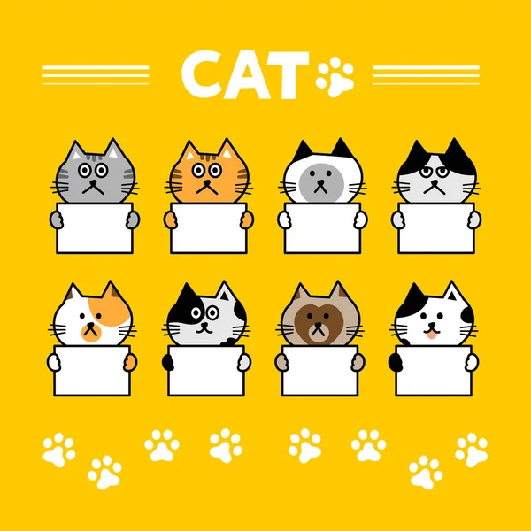 Kedi kafası emoji vektörü. Sarı arka planda boş tabelalar tutan çeşitli kedilerin çizgi çizimi.