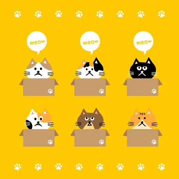 Vektor Kočičí Hlavy Line Ilustrace Různých Koček Sedících Lepenkových Krabicích — Stockový vektor