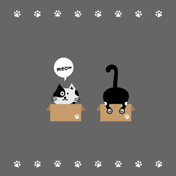 Kedi kafası emoji vektörü. Gri bir arka planda karton bir kutuda oturan siyah bir kedinin ön ve arka yüzünün vektör çizimi.