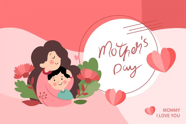 Mutlu Anneler Günü Nün Temsili Sunumu Anne Bebeğini Çiçeklerle Çevrili — Stok Vektör