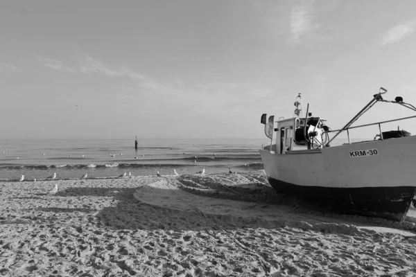 Boat Seaside Black White — Stock Photo, Image