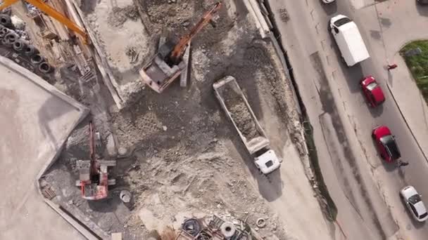 Aerial View Construction Site Trucks Construction Equipment — стоковое видео