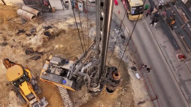 Construction Site Bored Pile Machine Drilling Ground Improvement Concrete Pouring — Stock Video
