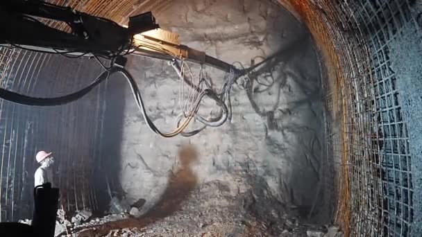 Operator Controls Shotcrete Process Machine Underground Tunnel Construction — Stock Video