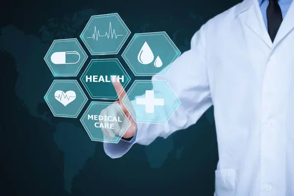 Concept of medical technology and innovation, network connectivity in digital healthcare, and virtual interface