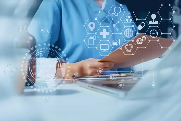 Concept of medical technology and innovation, network connectivity in digital healthcare, and virtual interface