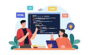 Programcı olarak çalışan erkek ve kadın dizüstü bilgisayar Illustration geliştirme programcısı ve programlama kullanarak kod yazıyorlar. 