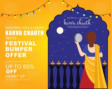 Karwa Chauth 'un indirimli satış afişi ya da satış afişi. Tampon satışı sezonunda% 80' e varan indirim..