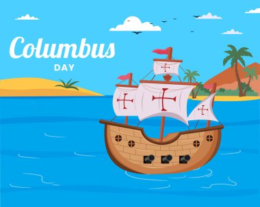 Deniz dalgalarında yüzen yelkenli gemi Mutlu Kolomb Günü el yazısı harfleri